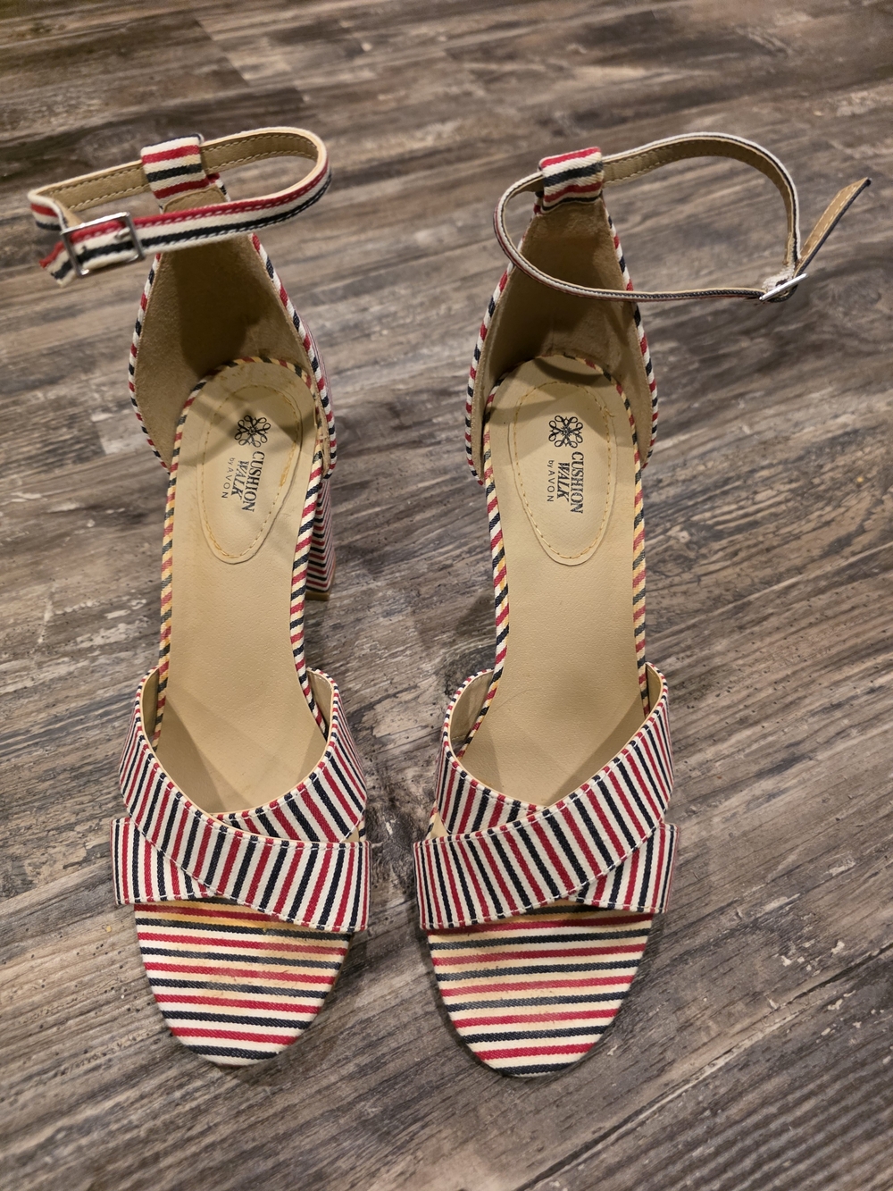Avon Striped Ankle-Strap Heels in Red, Blue, White